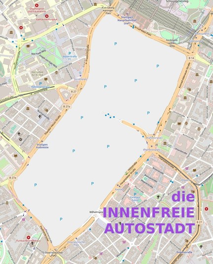 Skizze der innenfreien Autostadt: das komplette Zentrum der Stadt Stuttgart ist auf einer OSM-Karte ein Parkplatz.