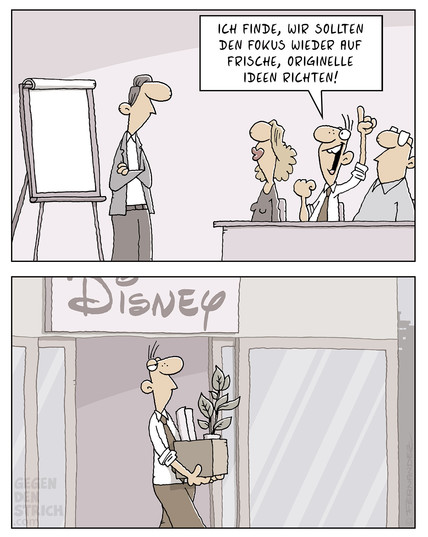 Comic: Im ersten Bild ist ein Geschäfts-Meeting zu sehen. Einer der Mitarbeiter meldet sich sichtlich motiviert und sagt: 