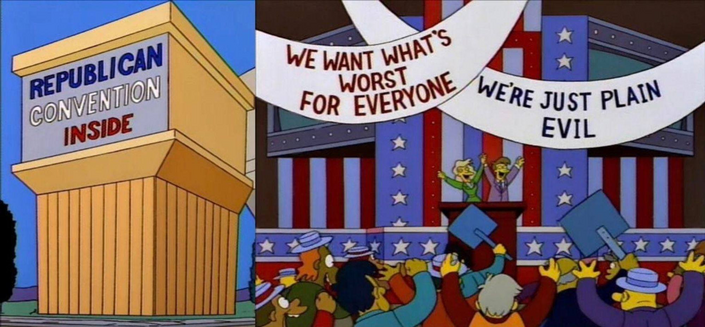 Screen capture from the Simpsons where a sign on a marquee outside a convention center says 