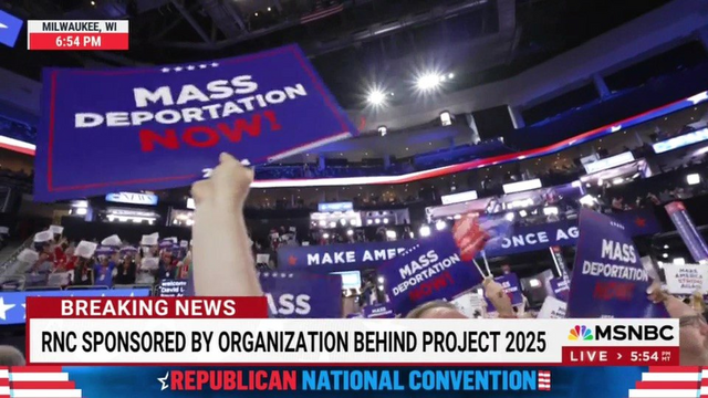 Screen capture from MSNBC of the Republican National Convention in Milwaukee, where many people are holding up signs that read 