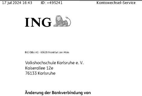 (Anonymisiertes) Fax vom Kontowechselservice  der ING-DiBa an die vhs Karlsruhe mit Mitteilung der neuen Bankverbindung eines Kunden.