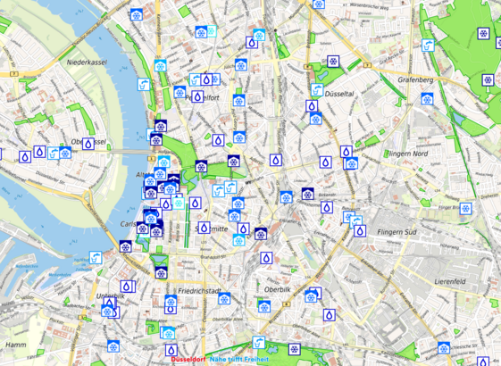 Ein Screenshot der Karte der kühlen Orte. Zu sehen ist ein Stadtplan von Düsseldorf. Verschiedene Symbole zeigen zum Beispiel Trinkbrunnen an.