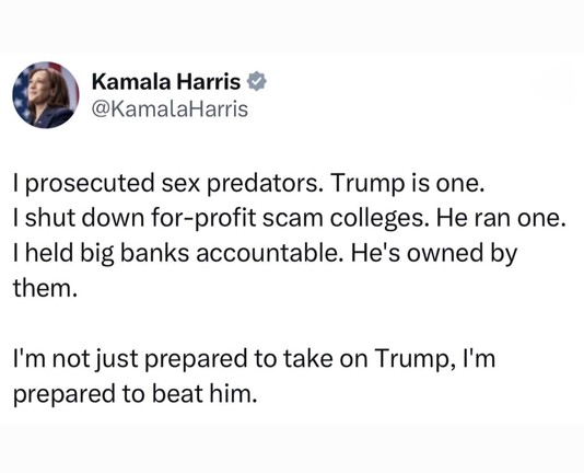 Screenshot of tweet from Kamala Harris @KamalaHarris
“I prosecuted sex predators. Trump is one.
I shut down for-profit scam colleges. He ran one.
I held big banks accountable. He's owned by them.

I'm not just prepared to take on Trump, I'm prepared to beat him.”