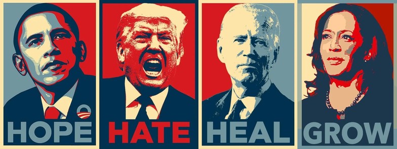 A collage of photos in the tri-tone style of former President Obama’s campaign when he ran for president. 

His portrait is on the left with the word “hope” underneath. Next to his is a photo of former president Trump wjere he appears to be yelling and the word “hate” is underneath his photo.  

To the right of his photo is President Biden with a word “heal” underneath his photo.  And next to him, on the right hand side of the collage is presumptive Democrat nominee and current vice president, Kamala Harris with the word, “grow” underneath hers.