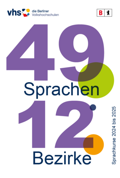 Cover des Sprachflyers der vhs mit vhs-und Berlin-Logo und der Überschrift: 49 Sprachen in 12 Bezirken - Sprachkurse 2024 bis 2025