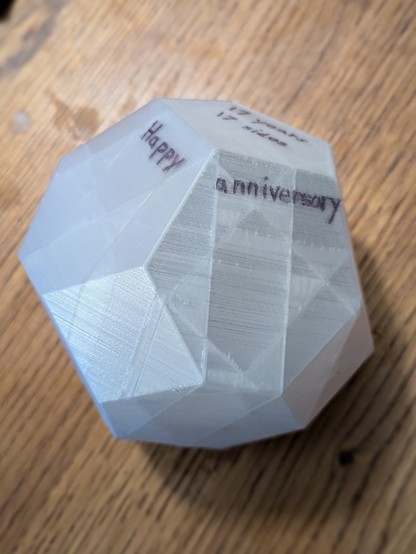 A 3D-printed 17-sided polyhedron. A gift to my wife for our 17th wedding anniversary.