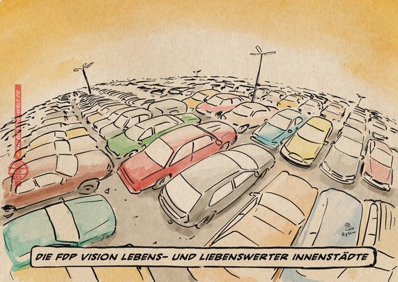 Illustration eines riesigen Parkplatzes voller Autos der so groß ist, dass er bis zur runden Erdkrümmung geht. Textzeile: Die FDP Vision lebens- und liebenswerter Innenstädte