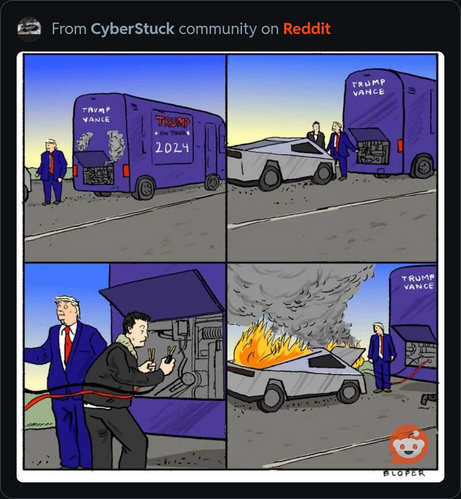 Comic showing Musk trying to use a Cybertruck to assist the broken down Trump/Vance bus, but the Cybertruck catches on fire in the process.