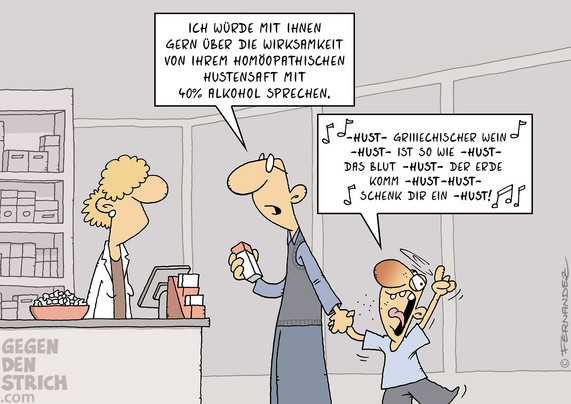 Cartoon: Ein Vater hat seinen Sohn an der Hand und kommt in die Apotheke. Er holt eine Verpackung hervor und sagt zur Apothekerin: 