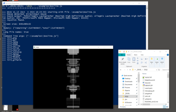 screenshot of a powershell window, an explorer window and an application window. all showing DOjS.
The console shows debug output, the explorer the EXE and the DLLs and the application window an abstract pattern of grey boxes