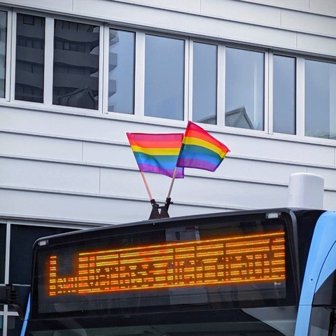 Bus der SWU mit zwei Regenbogenfähnchen