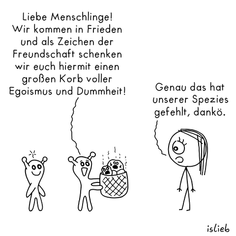 Comic. Zwei fröhliche Aliens begegnen einer Frau. Ein Alien hält ihr einen Korb entgegen und erklärt: 