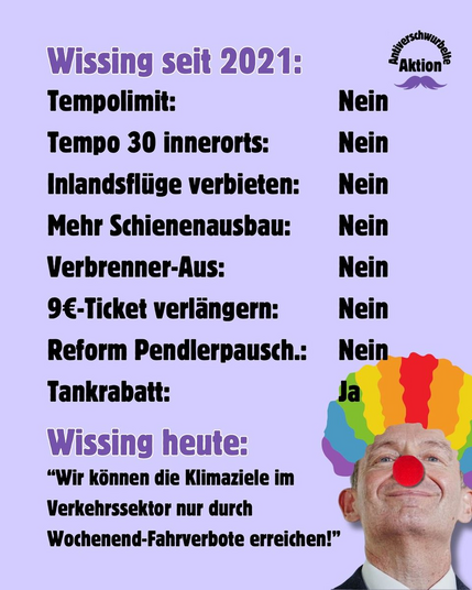 Minister Wissing mit Clownsperücke und Text:
Wissing seit 2021:
Tempolimit: Nein
Tempo 30 innerorts: Nein
Inlandsflüge verbieten: Nein
Mehr Schienenausbau: Nein
9 Euro Ticket verlängern: Nein
Reform Pendlerpauschale: Nein
Tankrabatt: Ja

Wissing heute:
