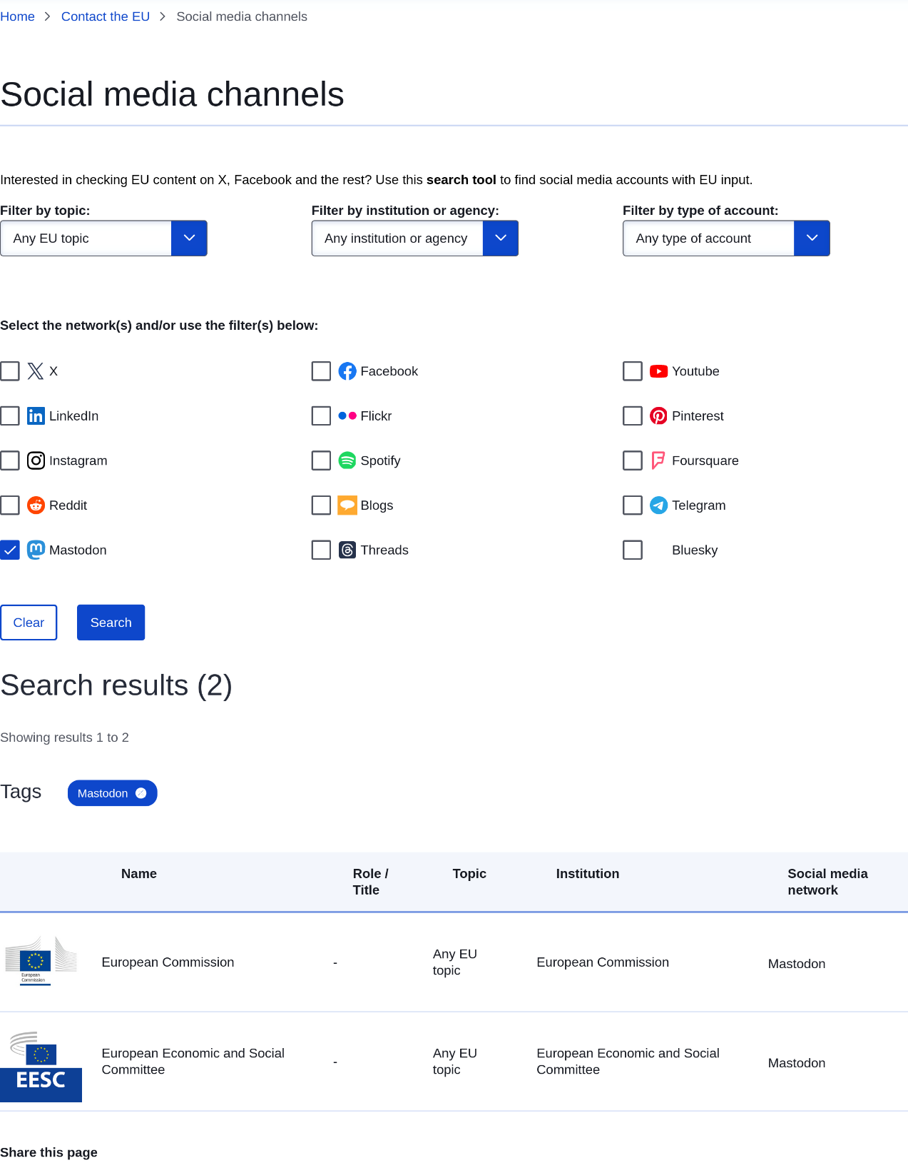 "Social media channels" page with Mastodon Checkbox to Filter for social media accounts from it.