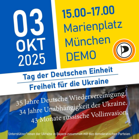 Sharepic. Kundgebung zur Unterstützung der Ukraine am Freitag, 3. Oktober 2025 ab 15:00 Uhr auf dem Marienplatz, München.
Bis 17Uhr